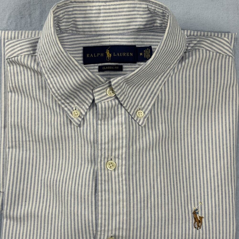 Polo Ralph Lauren Oxford Shirt Mens Medium Blue Striped Flesh Pony OCBD Preppy
